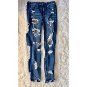 American Eagle Super Hi-Rise Jegging Women 6 Blue Excellent Distressed Shredded